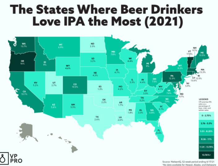 啤酒饮用者最喜欢IPA的州